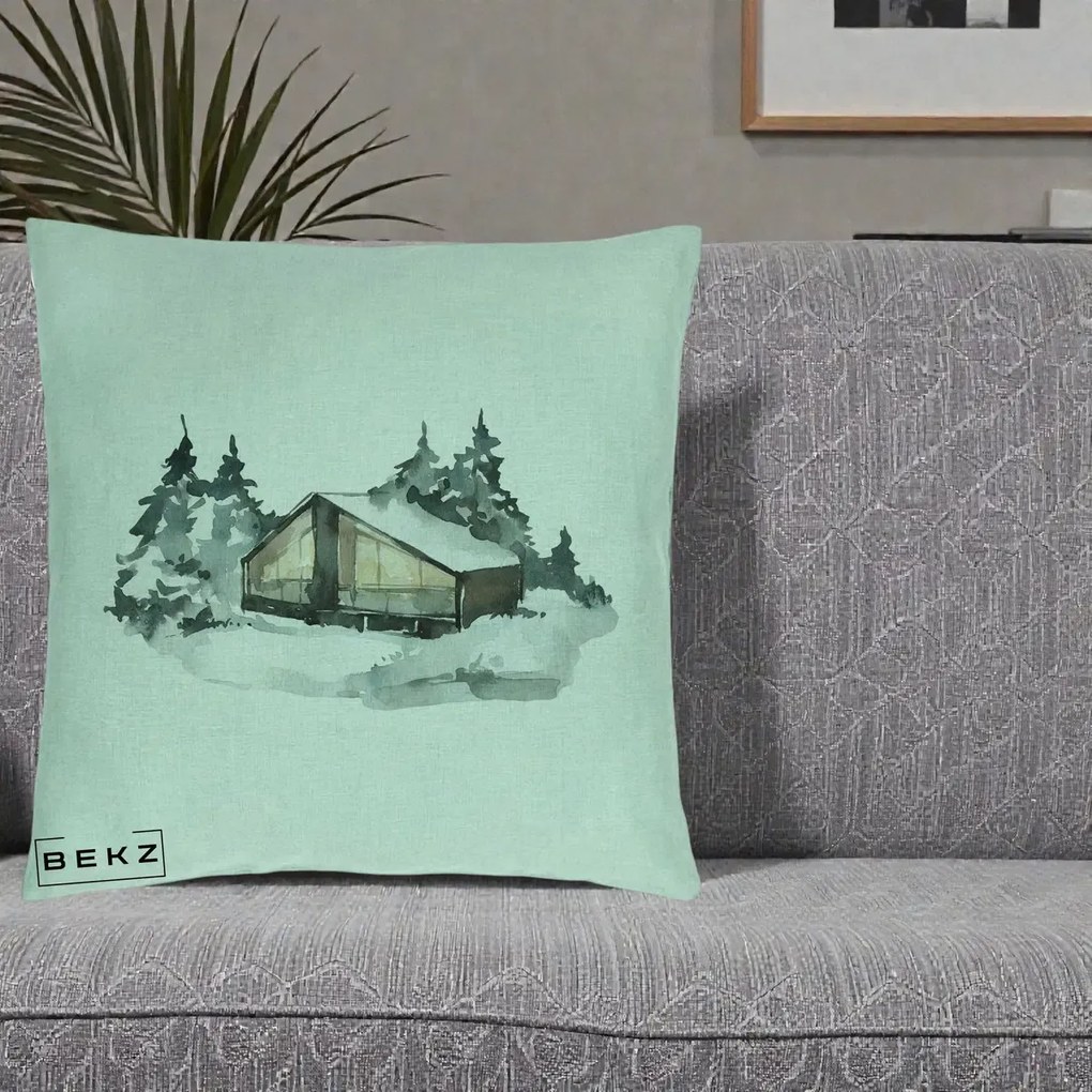 Perna Decorativa Cabana de Iarna in Padure, 40x40 cm, Verde Menta, Husa Detasabila, Perna Inclusa, BEKZ®