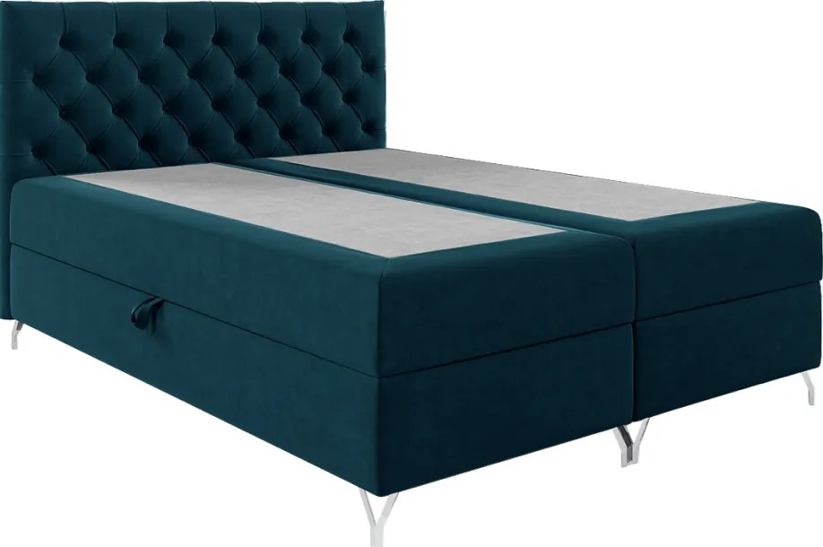Pat cu boxspring, 140x200, albastru închis Velvet, GULIETTE + cadou