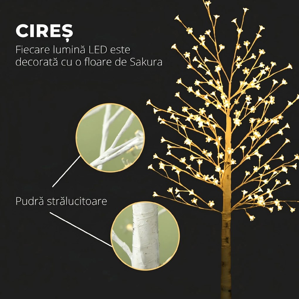 HOMCOM Brad de Mesteacăn cu 180 de Lumini LED Înălțime 180cm 3 Nivele de Luminozitate Alb | Aosom Romania