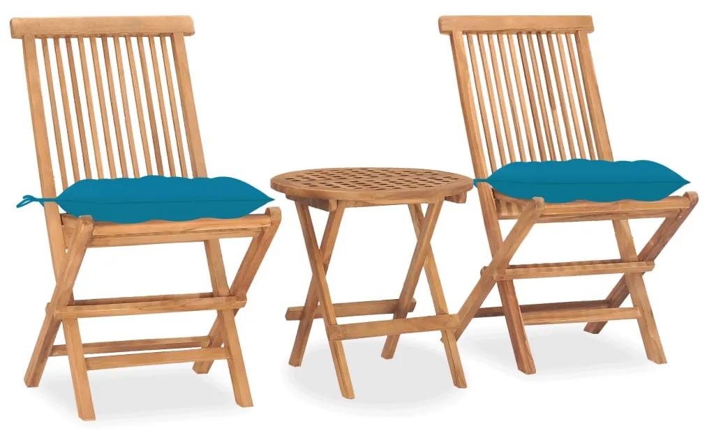 Set mobilier de exterior pliabil, cu perne, 3 piese, lemn masiv tec Albastru deschis, 3