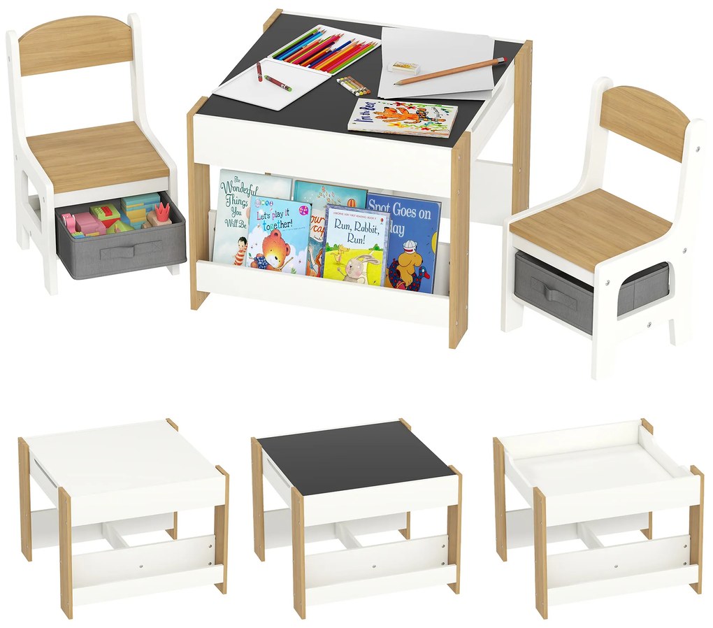 HOMCOM Set 3 piese masă și 2 scaune pentru copii cu blat reversibil, tablă neagră, coș de depozitare, rafturi | Aosom Romania
