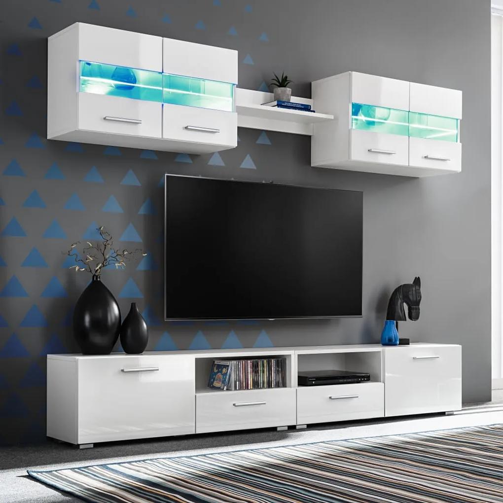 246027 vidaXL Set comodă TV de perete, 5 piese, lumini LED, alb lucios