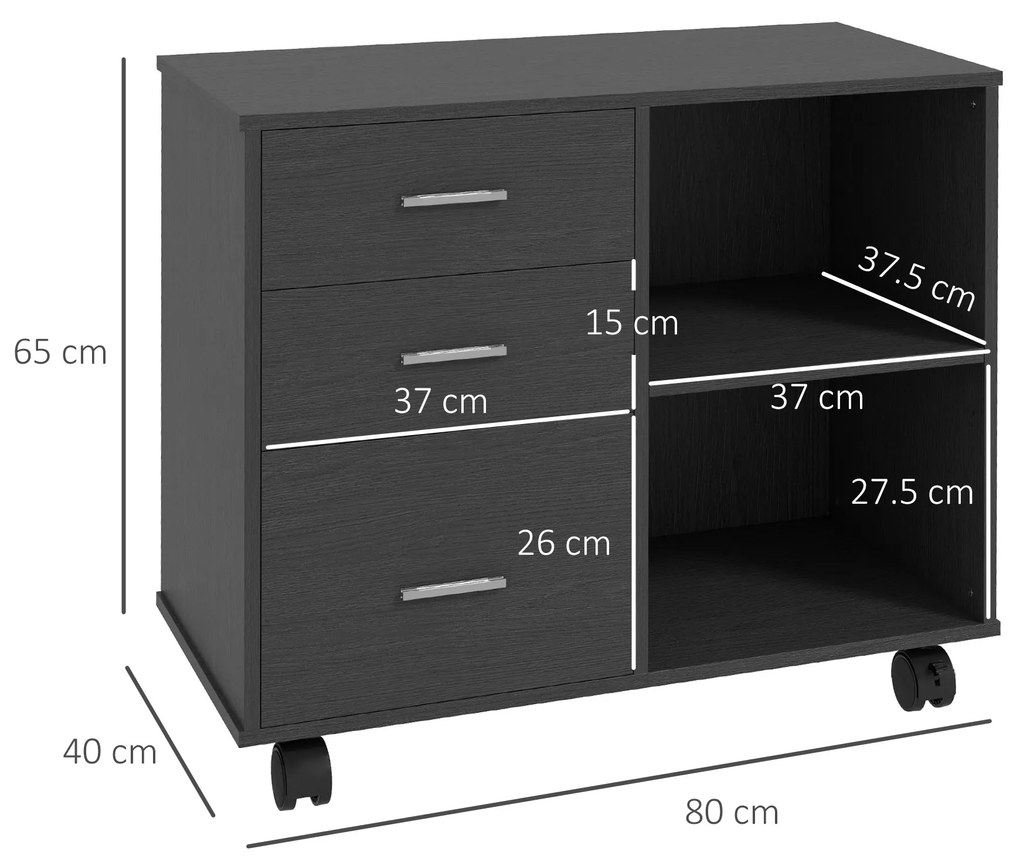 HOMCOM Suport pentru imprimantă, mobilier de birou cu 3 sertare + 2 rafturi + blat mare din particule de panou negru | Aosom Romania