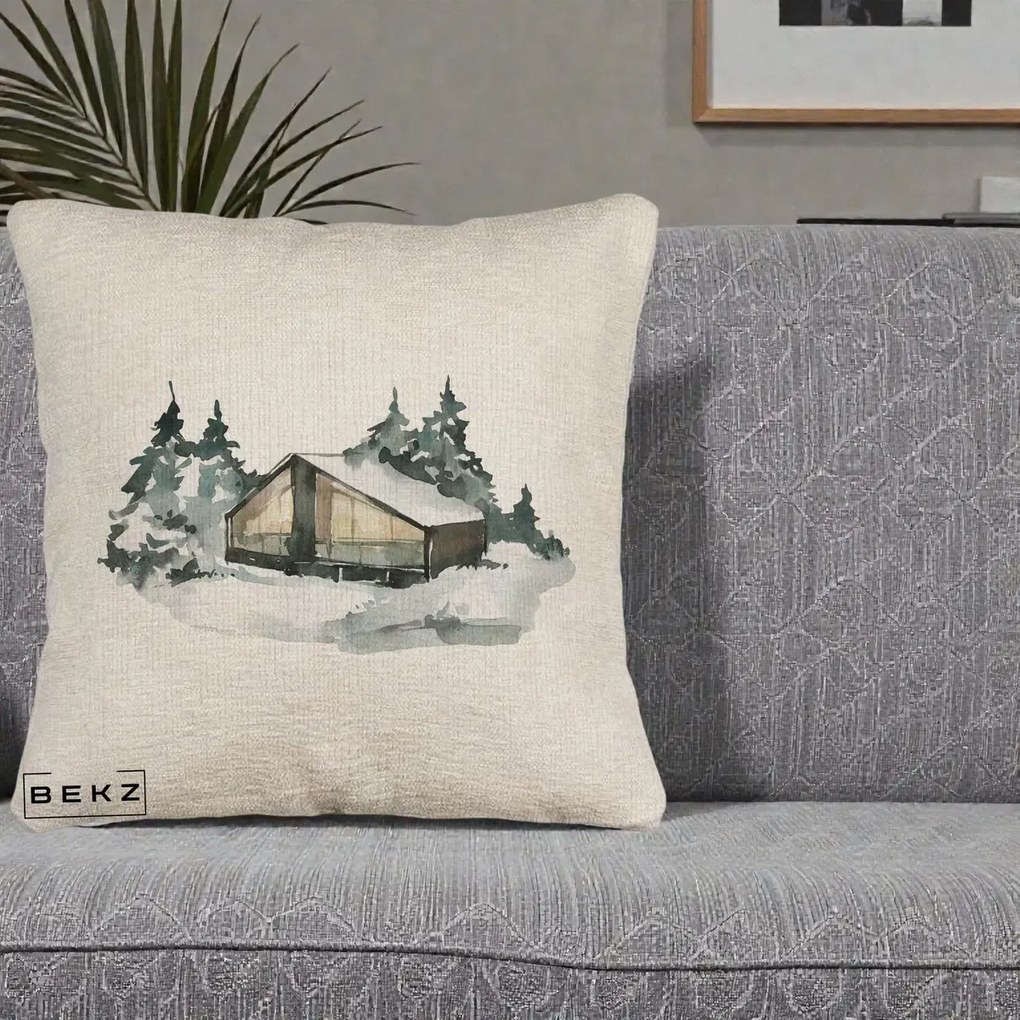 Perna Decorativa Cabana de Iarna in Padure, 40x40 cm, Bej Canapea, Husa Detasabila, Perna Inclusa, BEKZ®