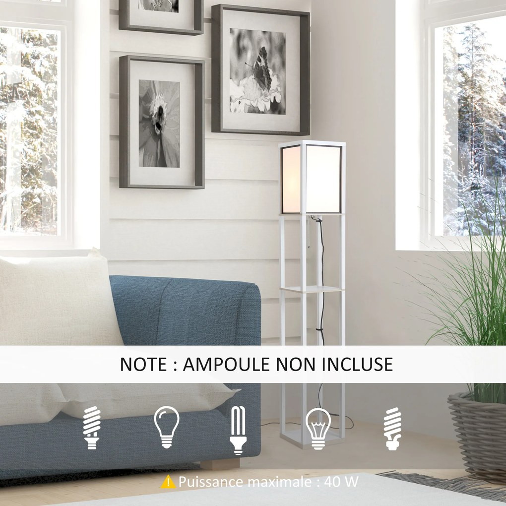 HOMCOM Lampă de Podea 40W cu 3 Rafturi Integrate și Comutator de Picior, Lampă Modernă din MDF și Acrilic, 26x26x160 cm, Alb | Aosom Romania