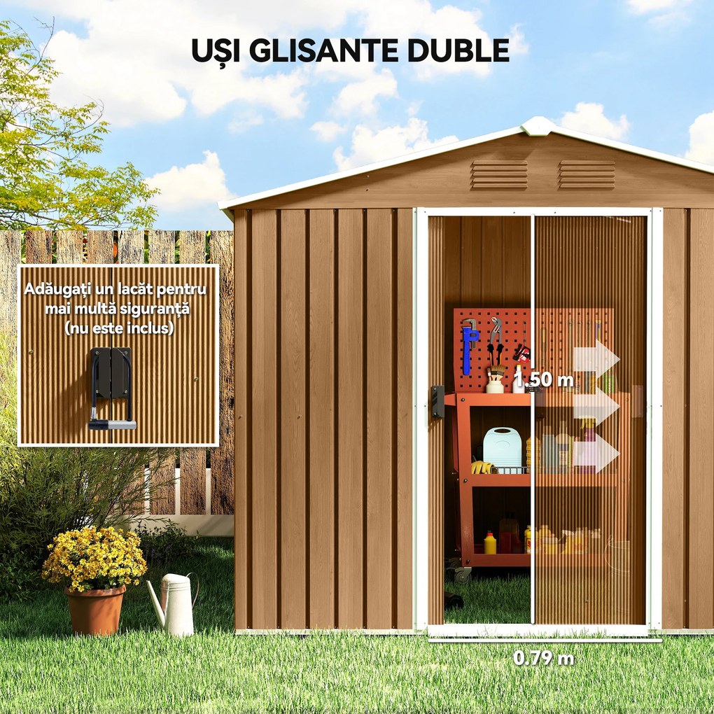Outsunny Casută de Grădină, Magazie de Exterior pentru Unelte cu 2 Uși Culisante și 4 Prize de Aerisire, 236x174x190 cm, Gri | Aosom Romania