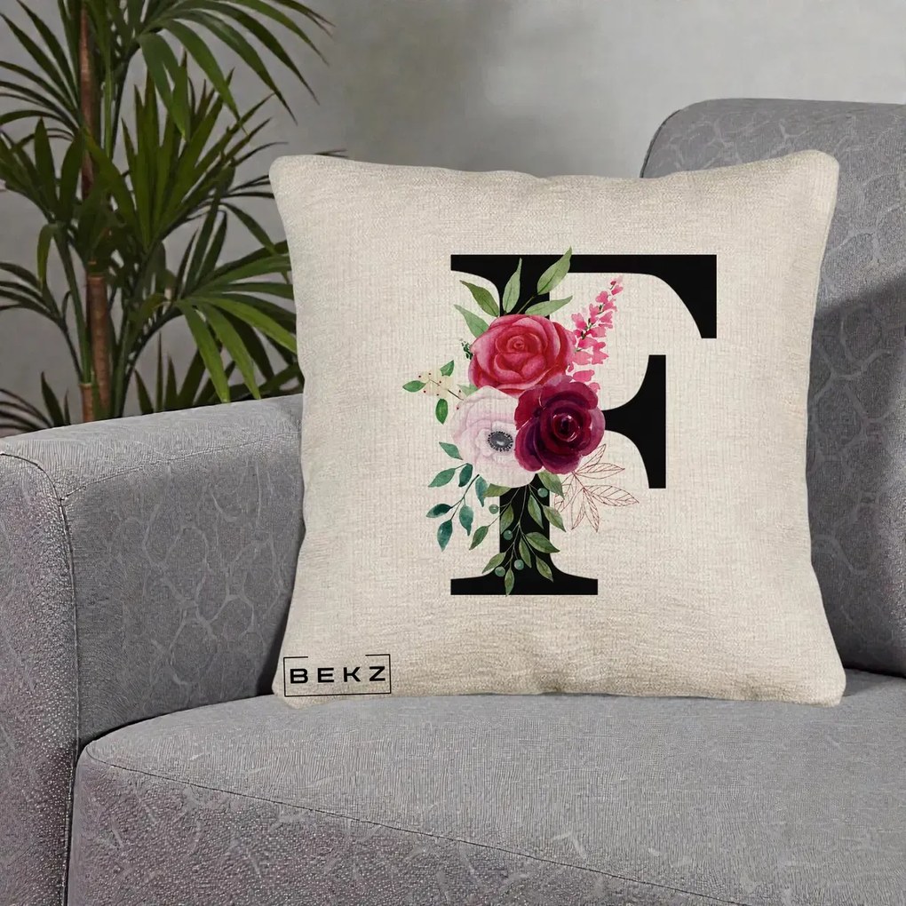 Cadou Personalizat - Perna Personalizata Monograma Florala Litera F, 40x40 cm, Bej Canapea, Husa Detasabila, Perna Inclusa, BEKZ®