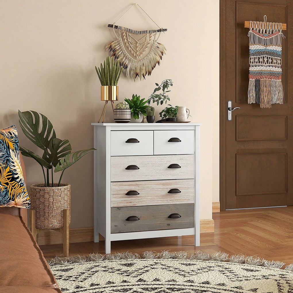HOMCOM Comodă 5 sertare mobilier de depozitare cu mânere, 70 x 38 x 85 cm, alb | Aosom Romania