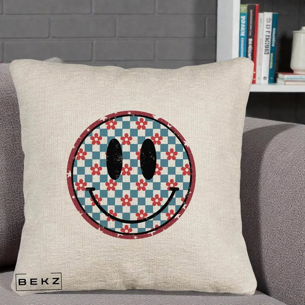Perna Decorativa Smiley Face Checkered cu Floricele, 40x40 cm, Bej Canapea, Husa Detasabila, Perna Inclusa, BEKZ®
