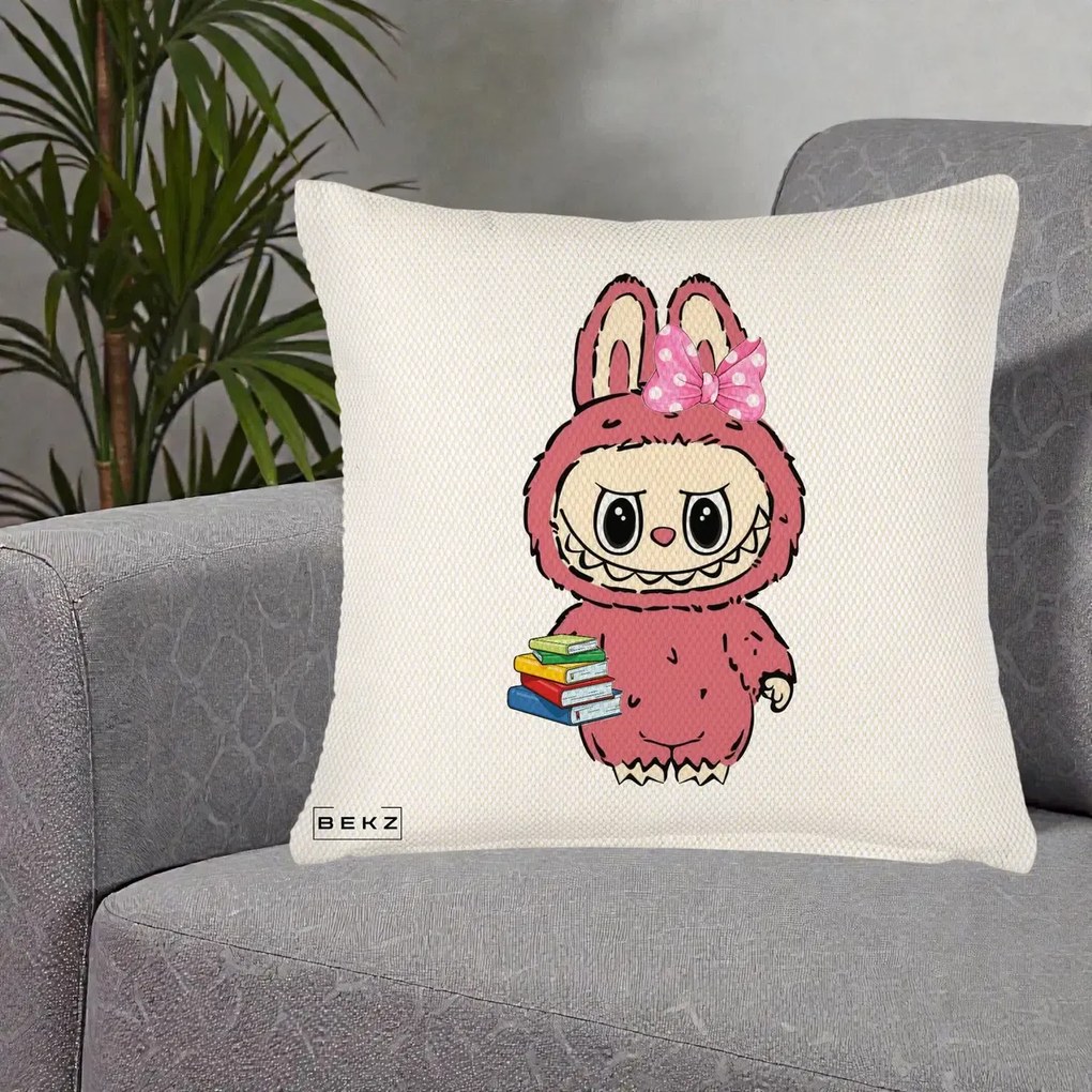 Perna Personalizata Labubu Roz cu Funda si Carti, 40x40 cm, Crem Reliefat, Husa Detasabila, Perna Inclusa, BEKZ®