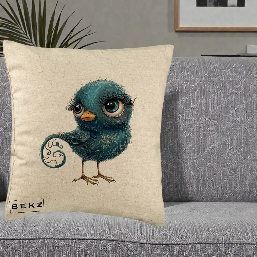 Perna decorativa Pasare Teal cu Motive Aurii si Coada Spiralata, 40x40 cm cu Umplutura, Bej, BEKZ