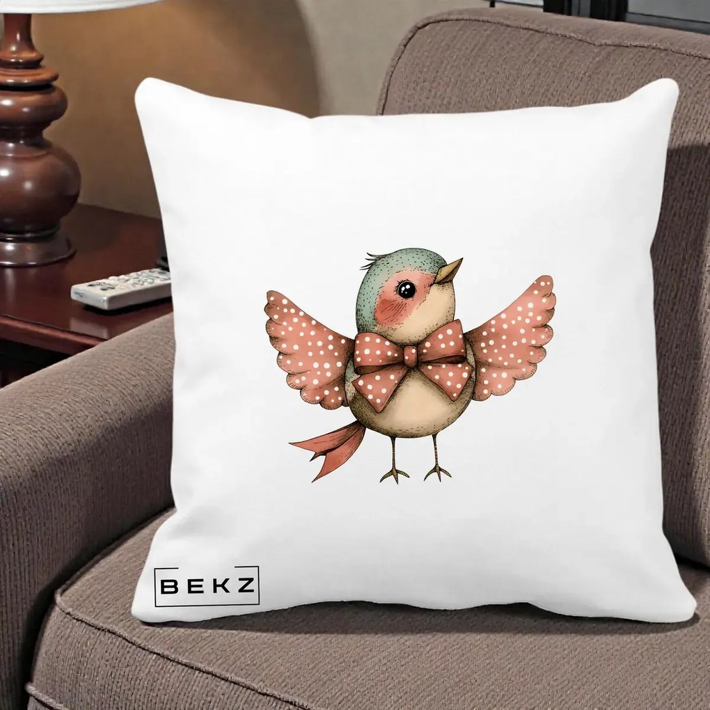 Perna Decorativa Pasare Roz cu Aripi si Fundita, 40x40 cm, Alba Mata, Husa Detasabila, Perna Inclusa, BEKZ®