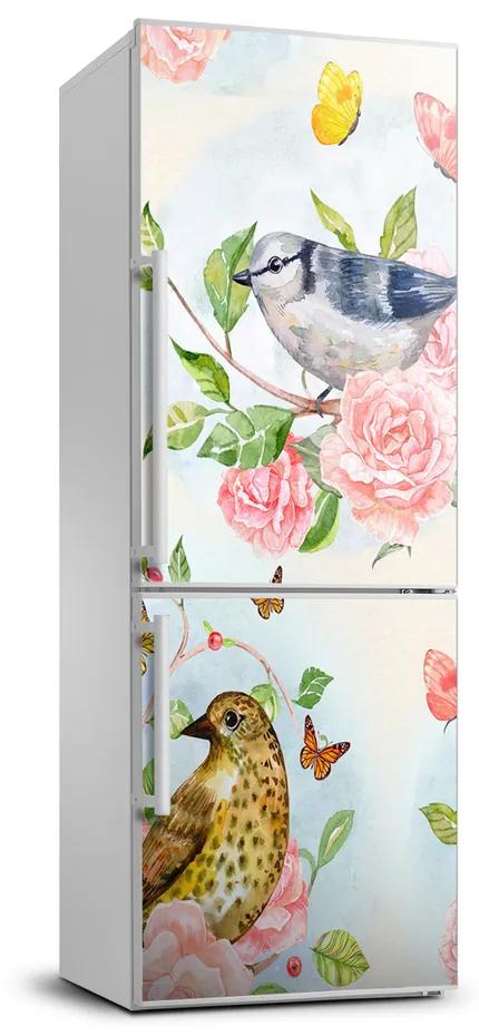 Autocolant pe frigider Păsări fluturi trandafiri
