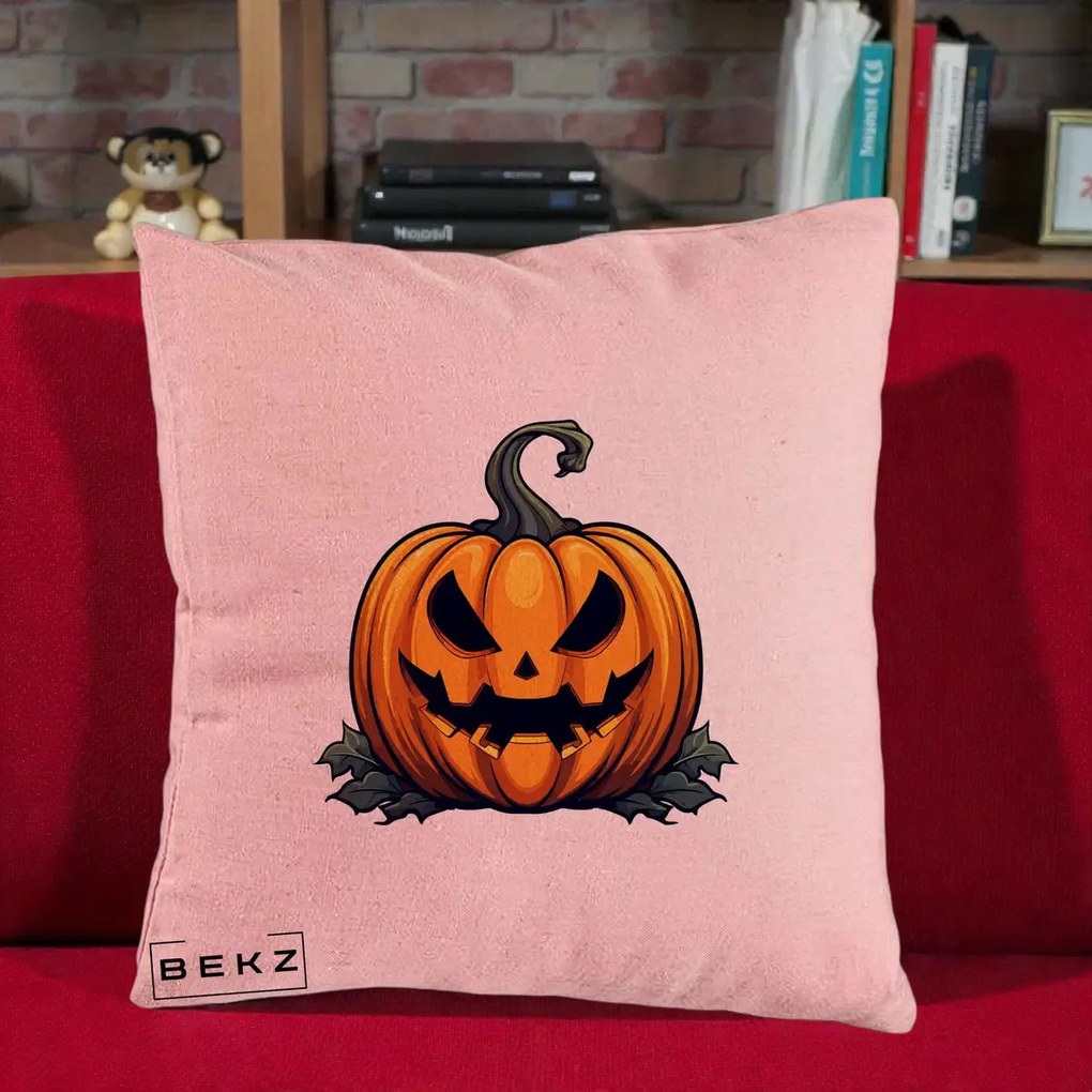 Perna Decorativa Halloween Jack-o'-Lantern Infricosator, 40x40 cm, Roz, Husa Detasabila, Perna Inclusa, BEKZ®