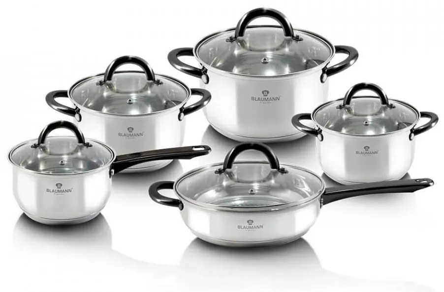 Set oale si tigai otel inoxidabil (10 piese) cu manere negre Gourmet Line Blaumann BL 3421