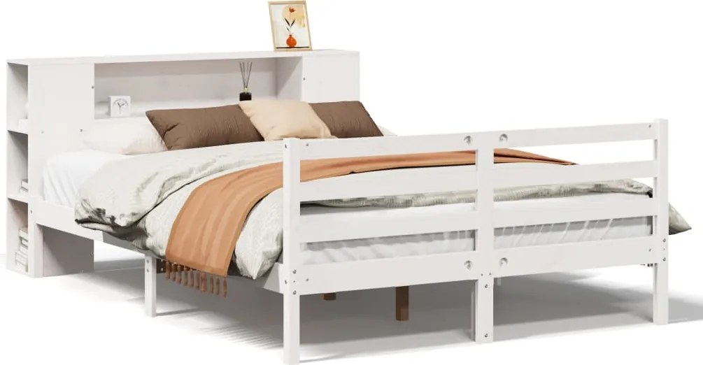 vidaXL Pat cu bibliotecă fără saltea, alb, 120x190 cm, lemn masiv pin