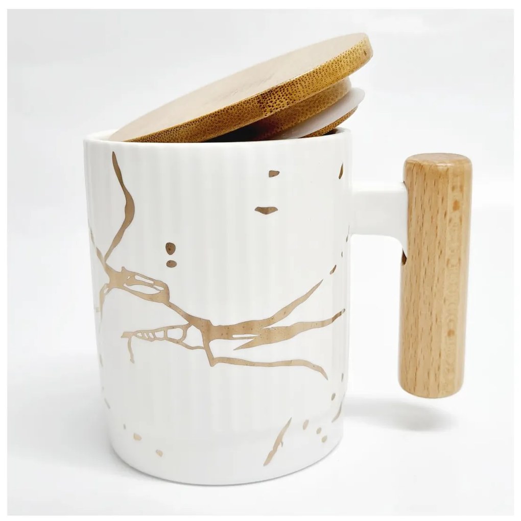 Cana Ceramica cu maner si capac din bambus, 400 ML