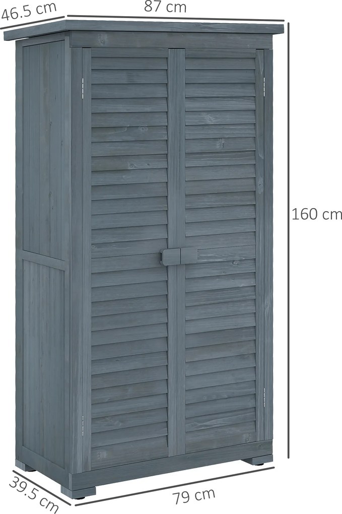 Outsunny Dulap de grădină pentru unelte din lemn, 2 rafturi, acoperiș bituminos, uși cu obloane, 87 x 47 x 160 cm, gri | Aosom Romania