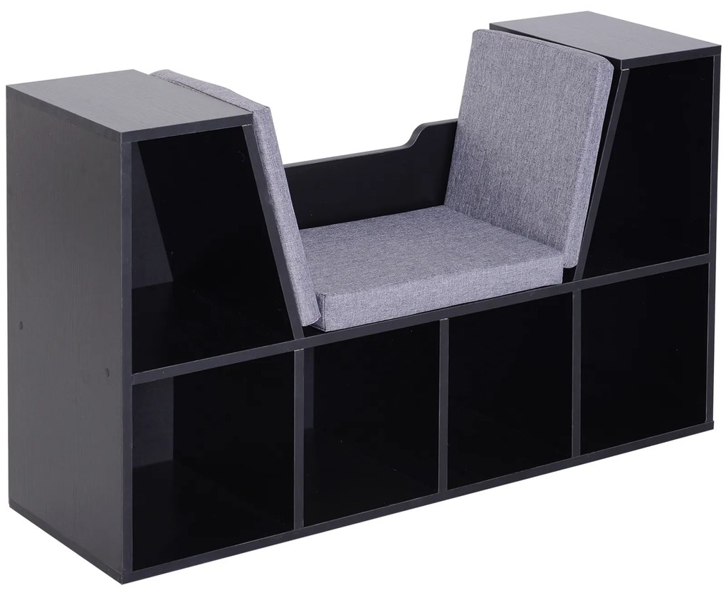 HOMCOM Bibliotecă cu Banc 2 în 1 Design Contemporan 6 Compartimente 3 Perne Incluse 102L x 30l x 61H cm Negru Gri | Aosom Romania