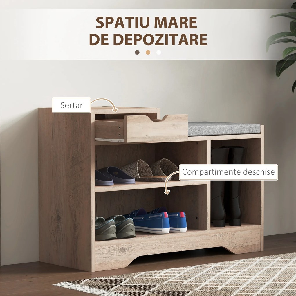 HOMCOM Bancă pentru Încălțăminte cu Pernă de Șezut, 76,5x30x52 cm, Gri | Aosom Romania