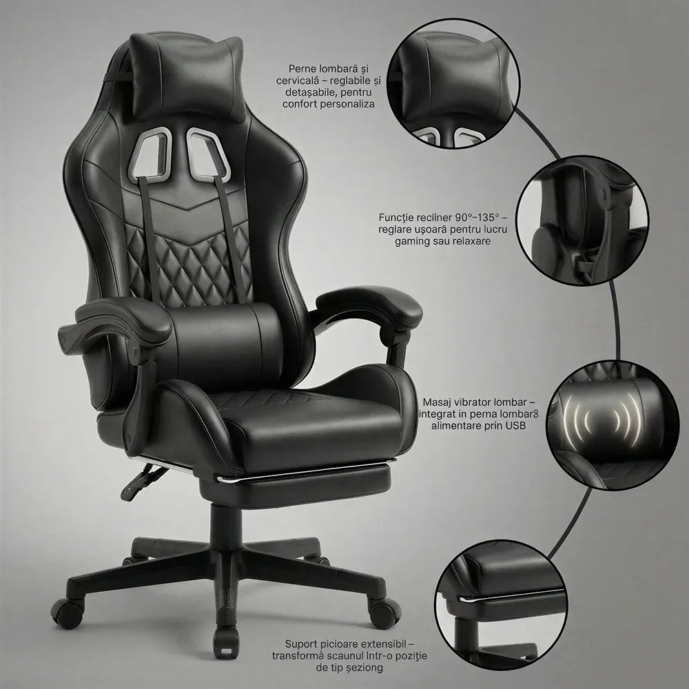 Scaun gaming, sistem iluminare bandă LED RGB, masaj în perna lombară, suport picioare, Negru