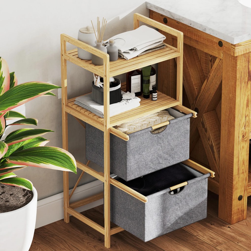 HOMCOM Coș de rufe din bambus corabie de rufe murdare cu 2 saci din țesătură glisantă și rafturi deschise, naturale | Aosom Romania