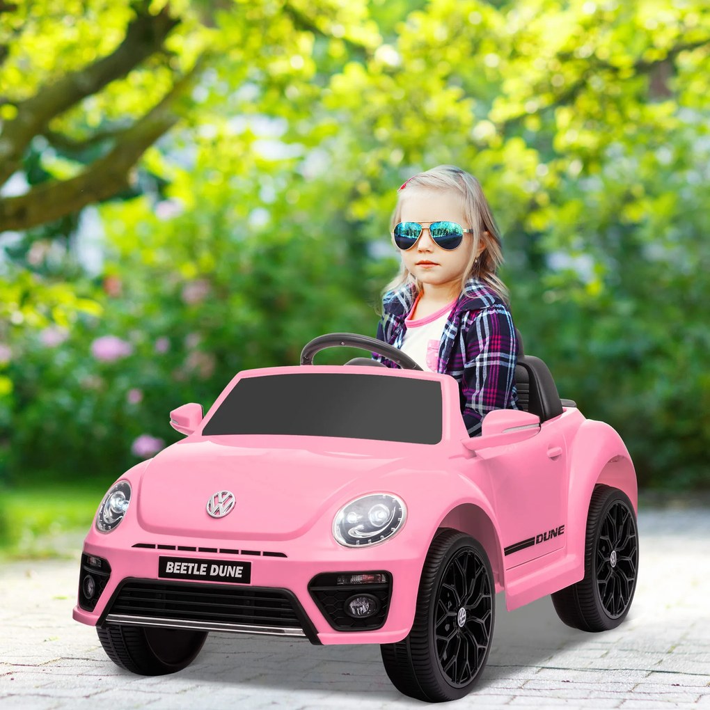 AIYAPLAY Mașină electrică pentru copii, VW Beetle, 3-5 km/h, cu telecomandă & muzică, roz | Aosom Romania