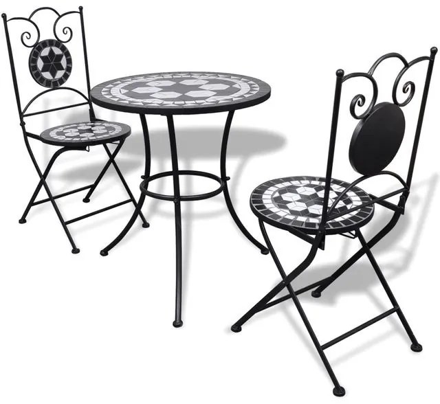 Set mobilier bistro, 3 piese, negru/alb, plăci ceramice