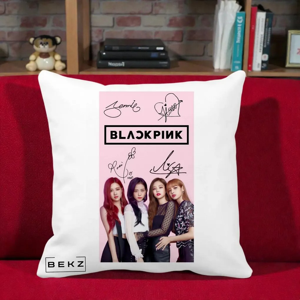 Perna Personalizata K-pop BLACKPINK Semnaturi si Foto, 40x40 cm, Alba Mata, Husa Detasabila, Perna Inclusa, BEKZ®