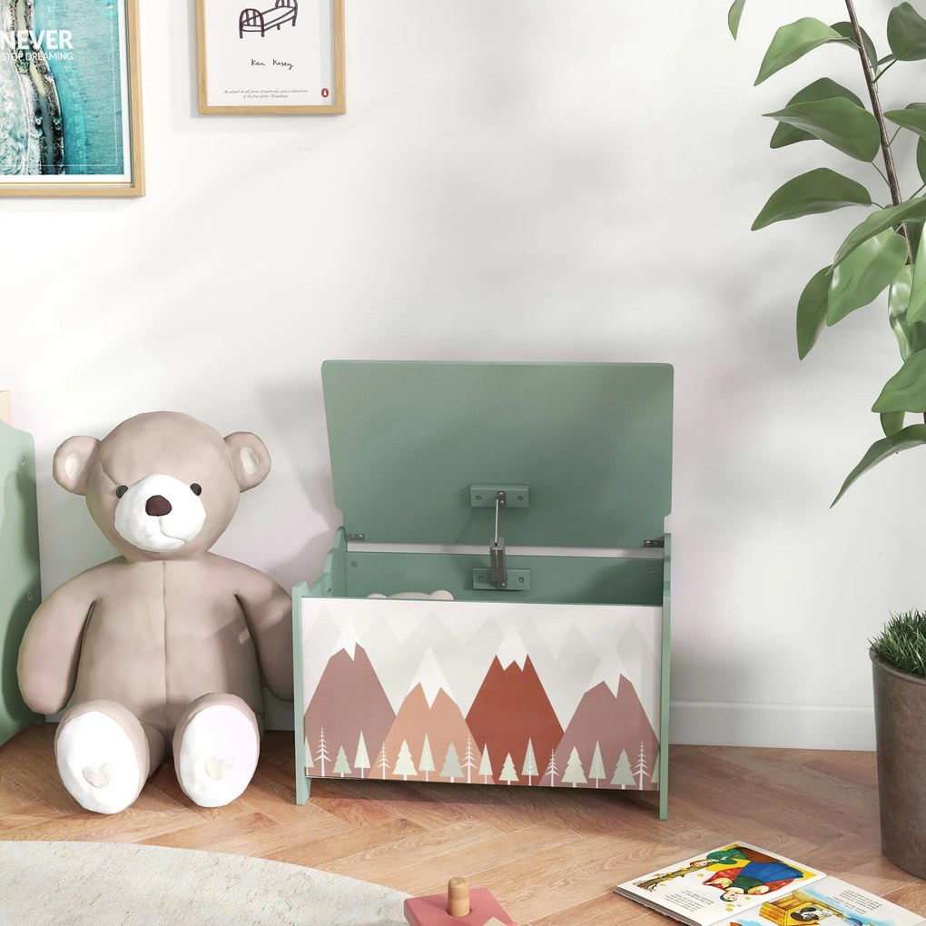 Cufăr de jucării pentru copii ZONEKIZ, ladă din lemn MDF cu capac și balama de siguranță, 60x37x39cm, de culoare verde | Aosom Romania