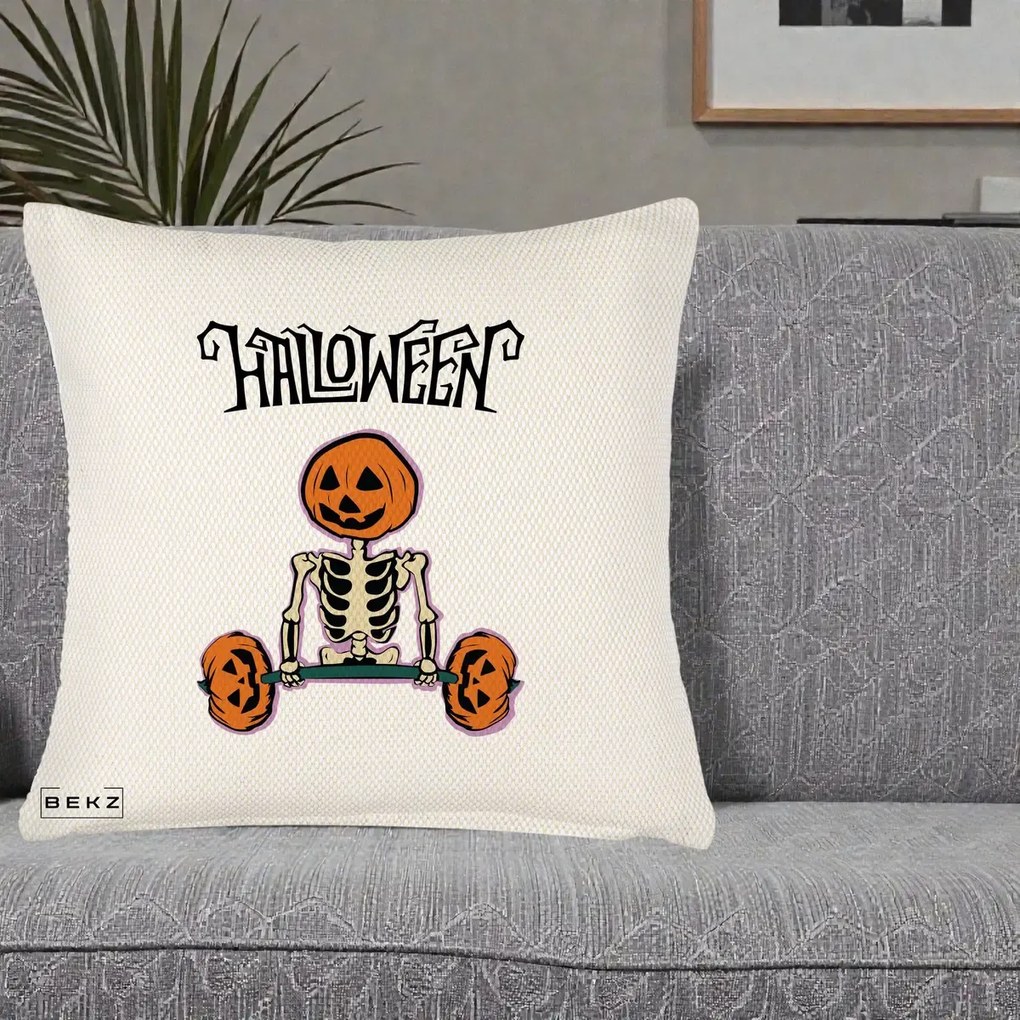 Perna Decorativa Halloween Schelet cu Cap de Dovleac Powerlifting, 40x40 cm, Crem Reliefat, Husa Detasabila, Perna Inclusa, BEKZ®