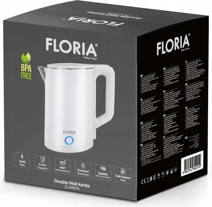 Fierbator electric Floria ZLN4920 Alb, putere 1500W, capacitate 2 litri, protectie la supraincalzire