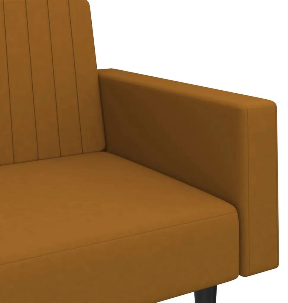 Canapea extensibila cu 2 locuri si taburet, maro, catifea Maro, Cu scaunel pentru picioare