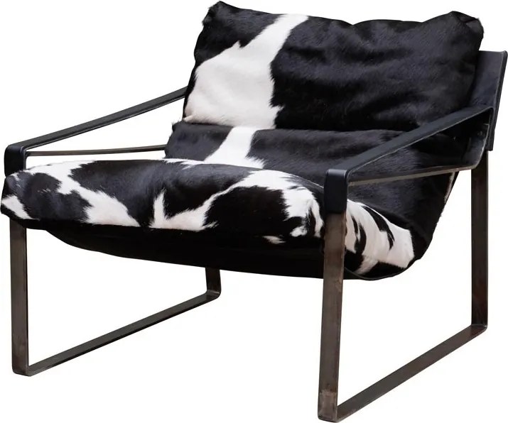 Fotoliu lounge din piele naturală de bovine alb-negru cu structură metalică, „Montaine”
