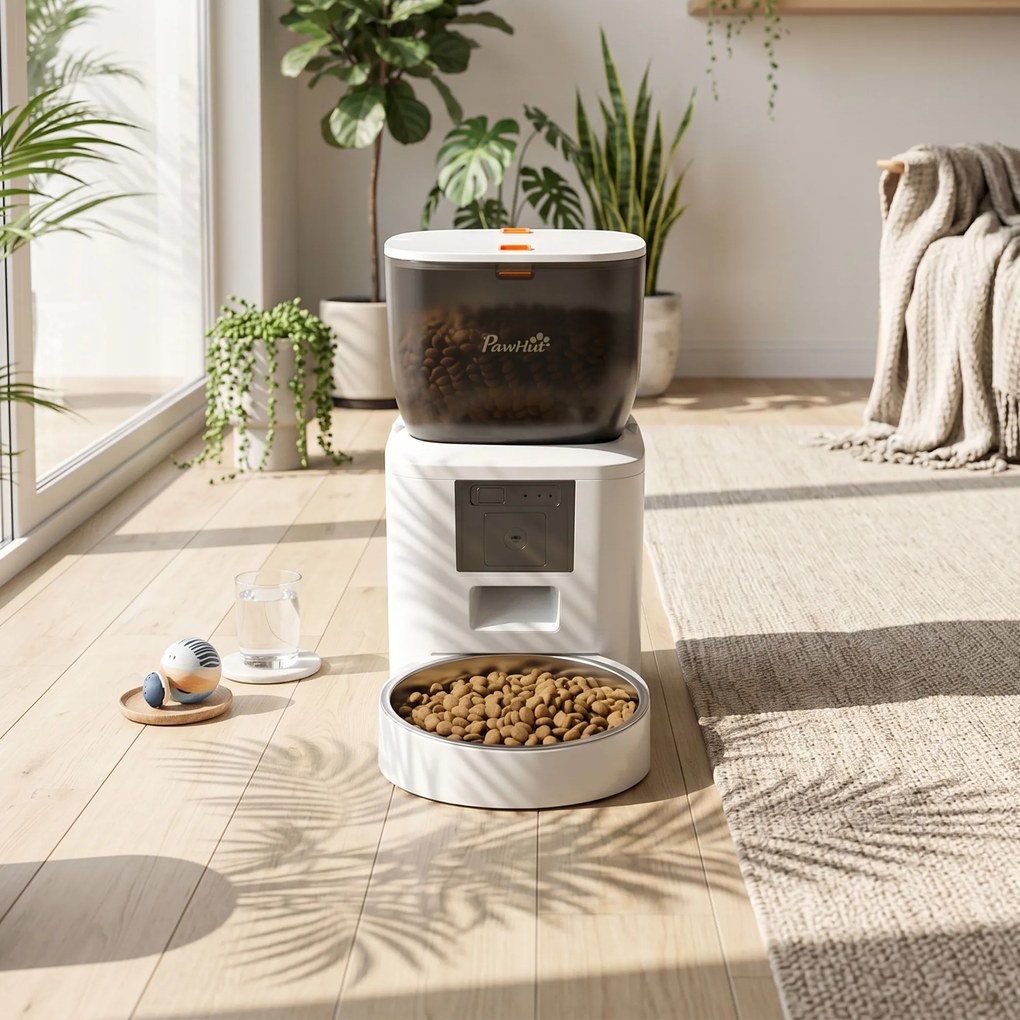 PawHut Distribuitor Automat de Hrană pentru Pisici și Câini 4L, WiFi 2,4G, Control din Aplicație cu Cameră, Bol, Alb | Aosom Romania