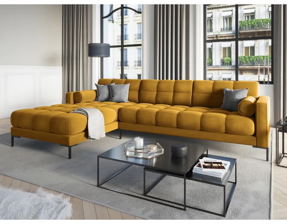 Colțar din catifea cu extensie pe partea stângă Cosmopolitan Design Bali, galben