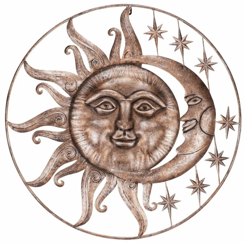 Decorațiune metalică de perete Soare cu lună dincupru, 68 x 4 x 68 cm