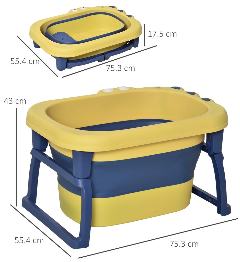 HOMCOM Cădiță de Baie Pliantă pentru Copii de 0-6 Ani, din Plastic Antiderapant, 75,3x55,4x43 cm, Galben | Aosom Romania