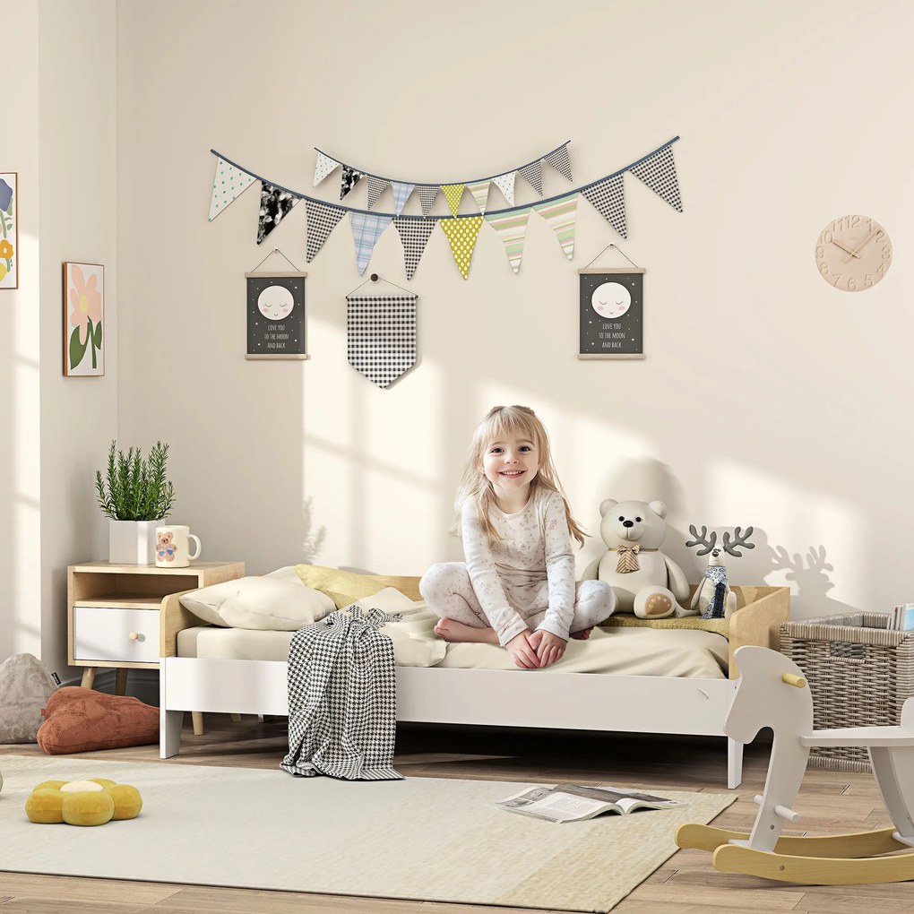 AIYAPLAY Pat pentru Copii 3-8 Ani, 143,5x74 cm, cu Panouri Laterale Înalte, Profil Jos, Alb | Aosom Romania