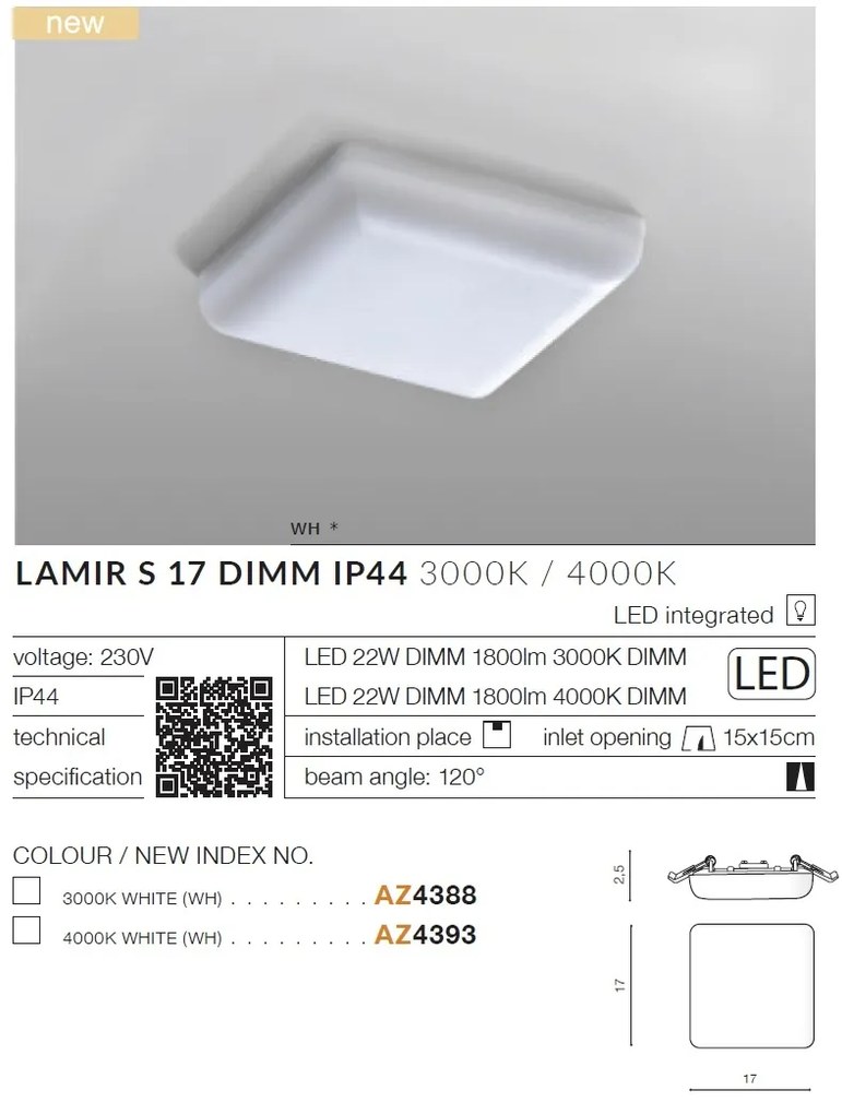 Spot LED incastrabil tavan/plafon baie LAMIR S 17 DIMM IP44 3000K