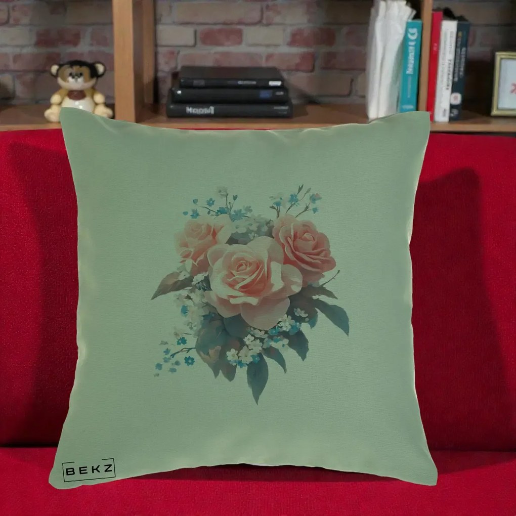 Perna Decorativa Trandafiri Roz cu Floricele Albastre, 40x40 cm, Verde, Husa Detasabila, Perna Inclusa, BEKZ®