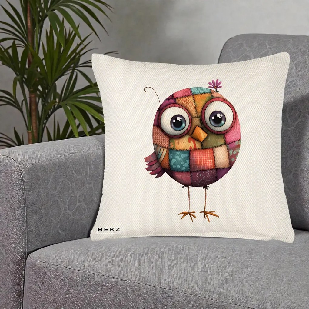 Perna Decorativa Pasare Patchwork Roz cu Floare, 40x40 cm, Crem Reliefat, Husa Detasabila, Perna Inclusa, BEKZ®