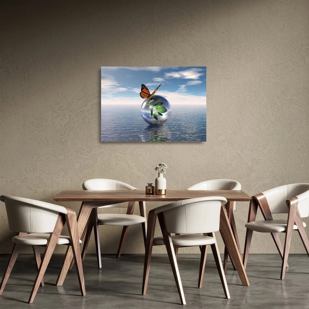Tablou pe sticlă cu fluture pe bilă din sticlă (70x50 cm)