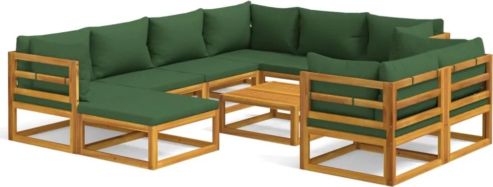 vidaXL Set mobilier de grădină cu perne verzi, 10 piese, lemn masiv
