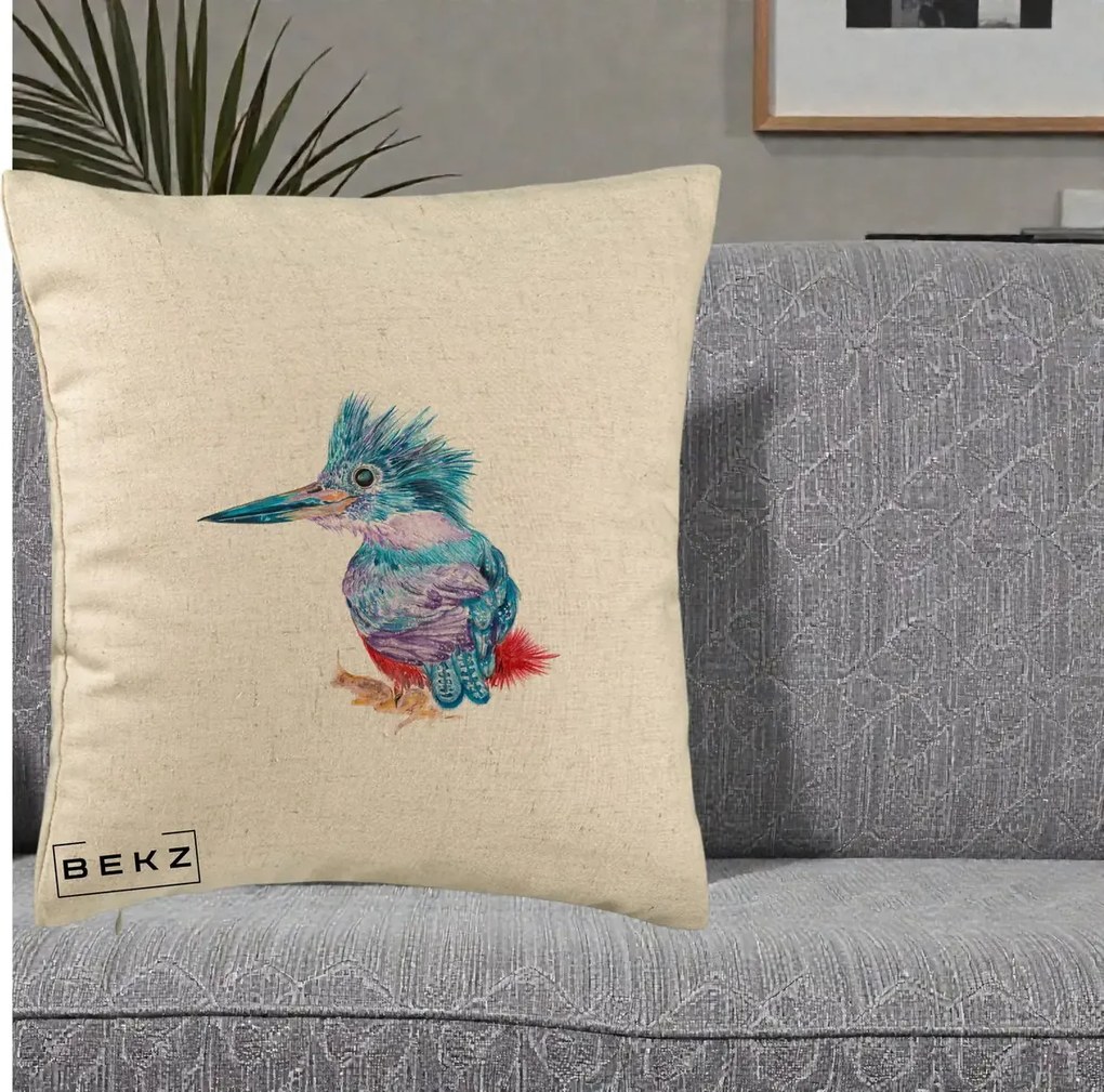 Perna Decorativa Pasare Martin Pescar Acuarela Albastru-Mov, 40x40 cm, Bej, Husa Detasabila, Perna Inclusa, BEKZ®