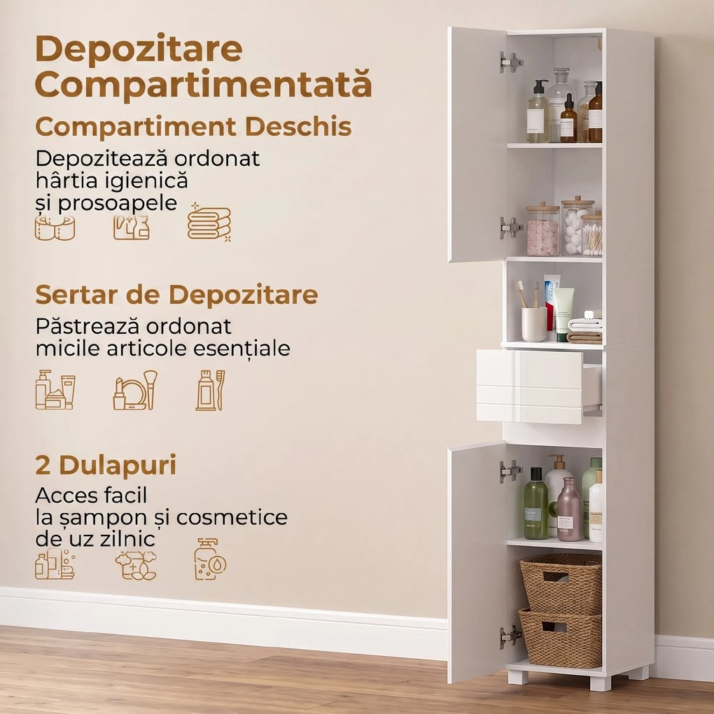 HOMCOM Dulap Baie Înalt, Economisire Spațiu, cu Sertar, Alb Lucios | Aosom Romania