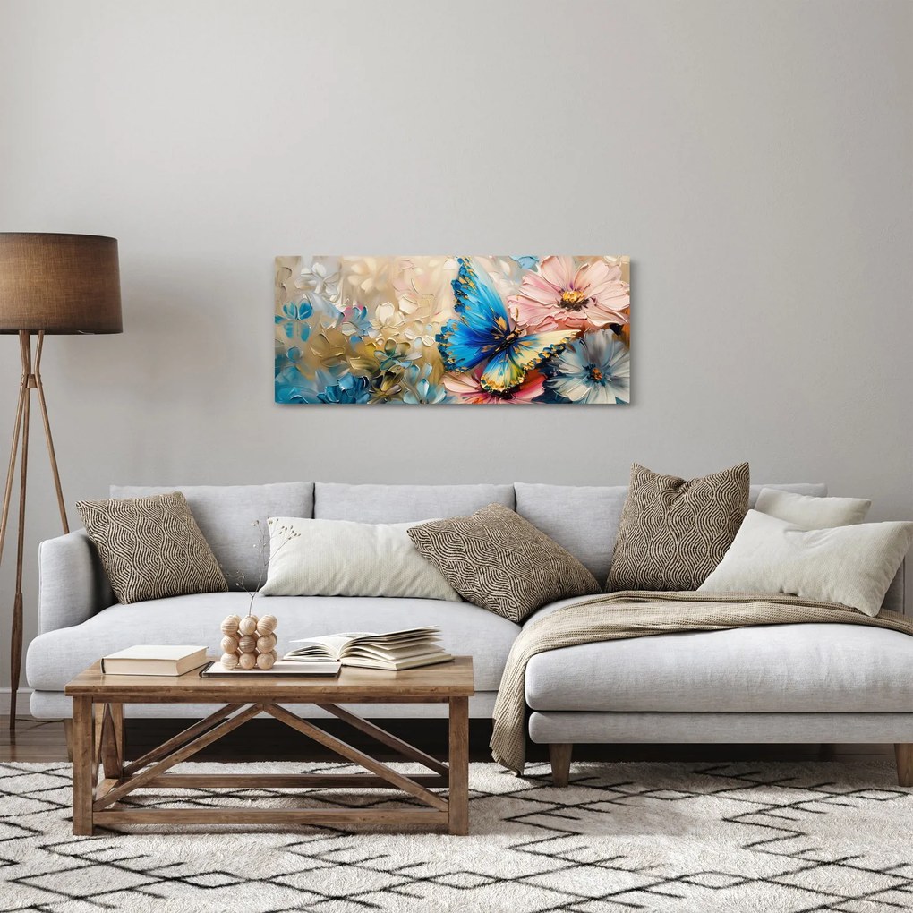 Tablou - Pictura de flori și fluturi (120x50 cm)