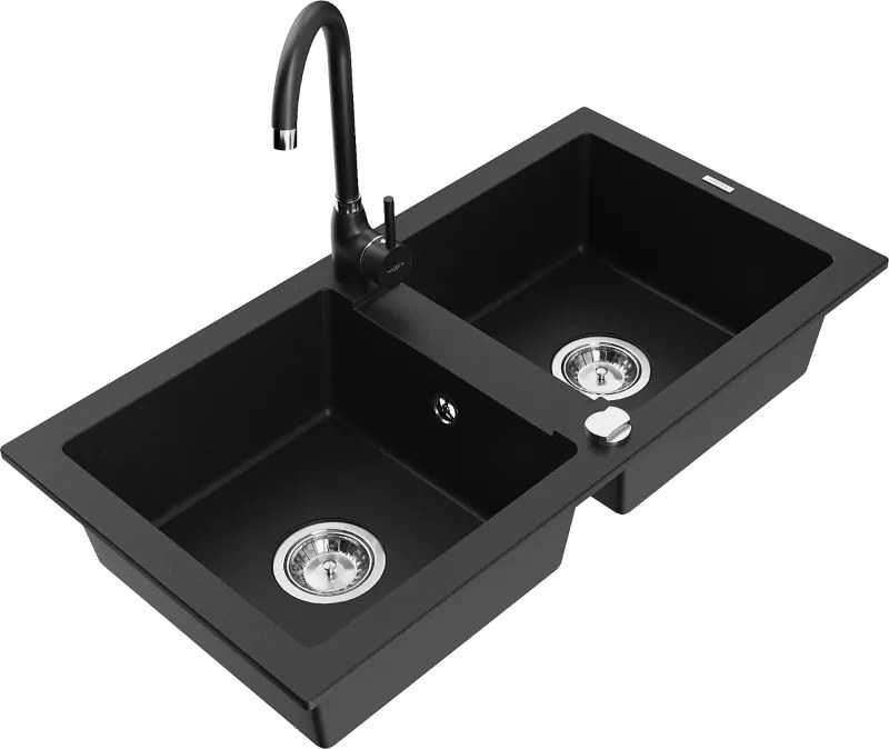 Mexen Mario chiuvetă de bucătărie din granit cu 2 compartimente cu baterie de bucătărie Telma, negru - 6504-77-670200-70