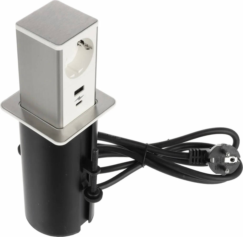 Priză încorporabilă în blat Tower GTV, 1 priză Schuko, USB A + C, alb, D:80 mm Aluminiu/Plastic, Alb, D:80 mm