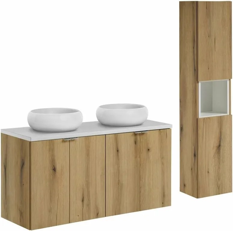 Set mobilier baie 120 cm 7 piese Comad Nova alb mat si stejar Coast Evoke